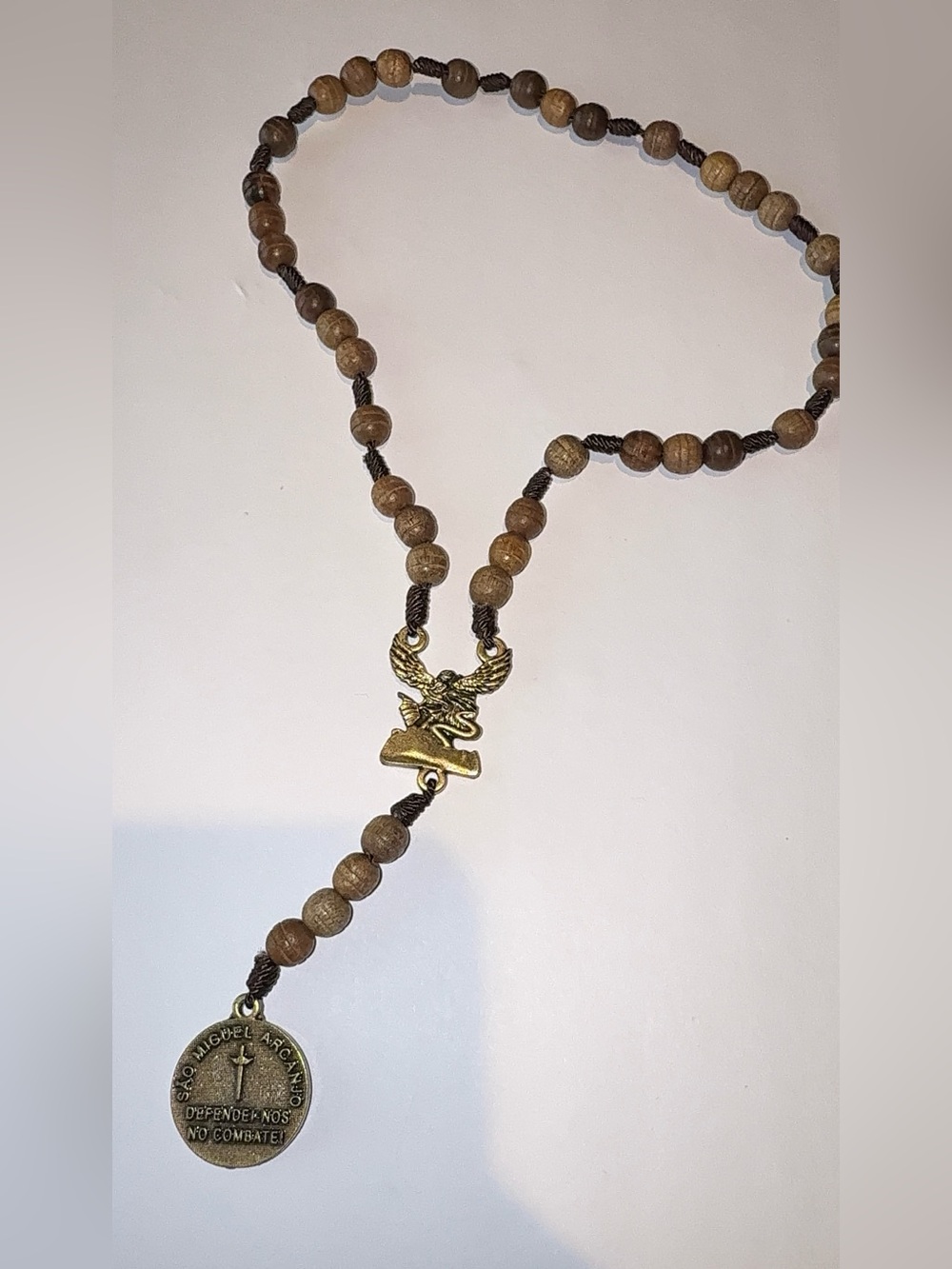 St. Michael Wooden Car Rosary, Saint Medal "Defend Us In Battle" Gold Tone